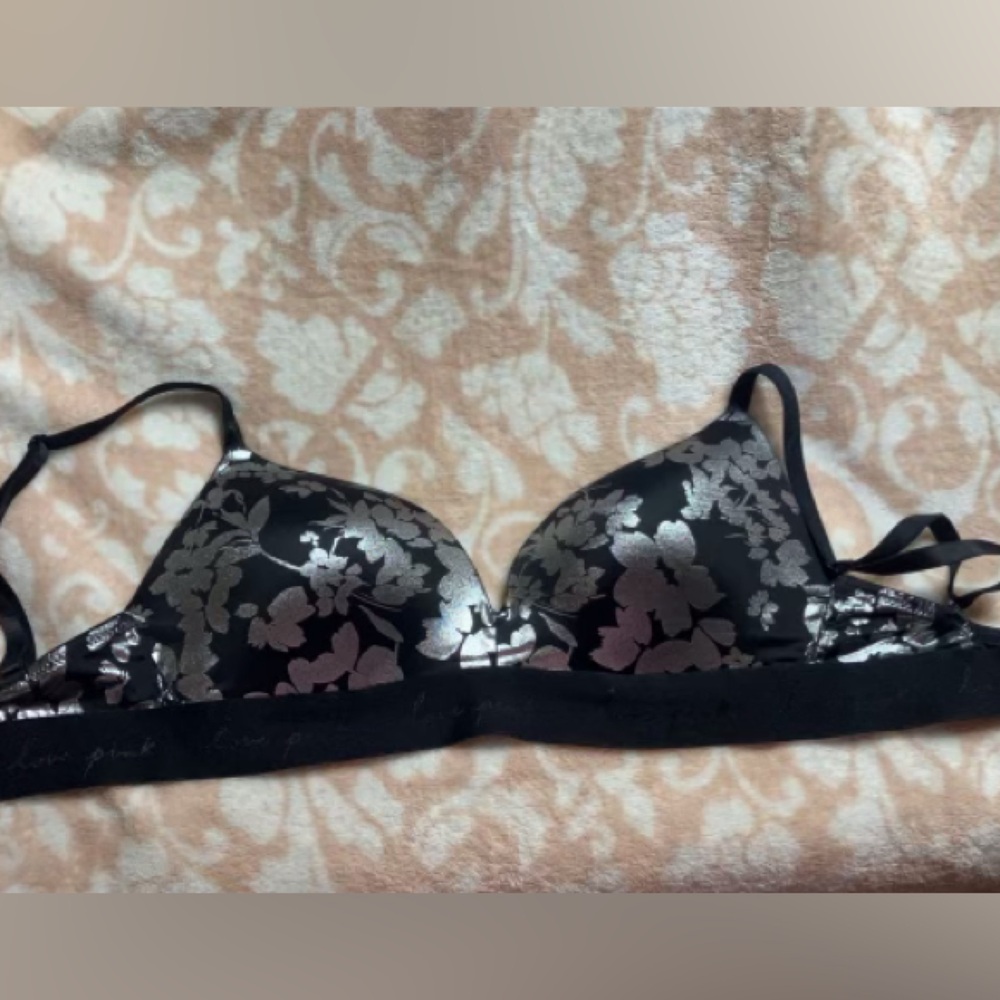 VS black and pink silver floral bra